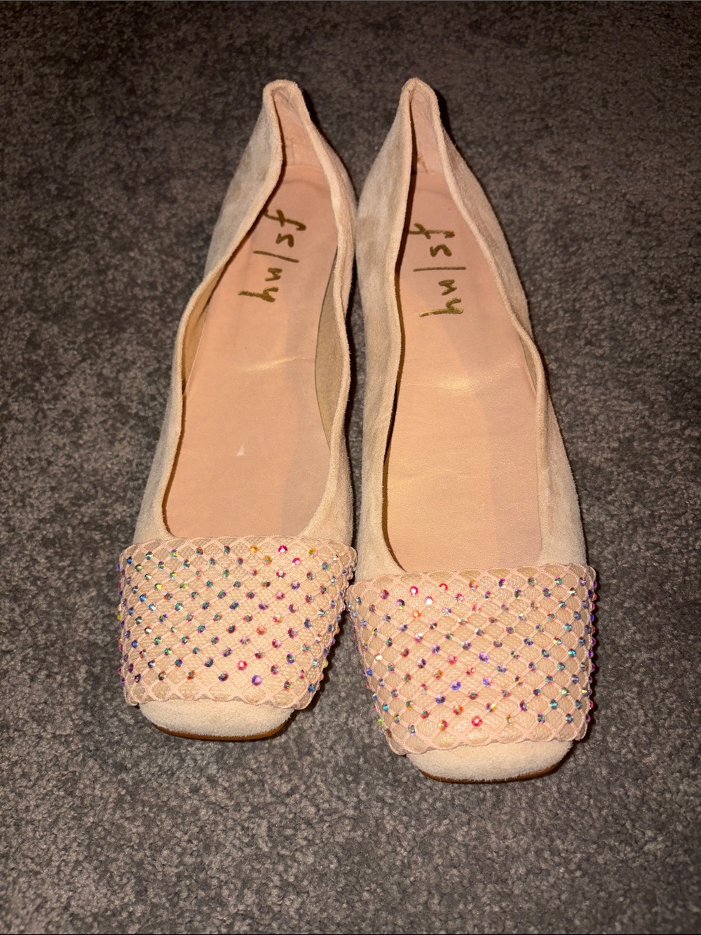 French Sole New York Beige Embellished Square-Toe Ballet Flats - Women